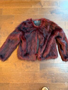Free People Faux Fur Jacket in Burgundy and Black